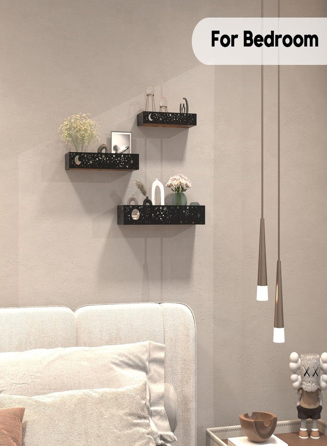 Serwrsw Moon and Stars Wall Shelves Black, Set of 3 Small Floating Shelves for Bedroom Living Room Wall Storage or Decor, Brown Board - Image 4
